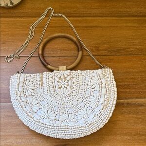 Zara White Beaded Half-Moon Clutch with Wood Handle